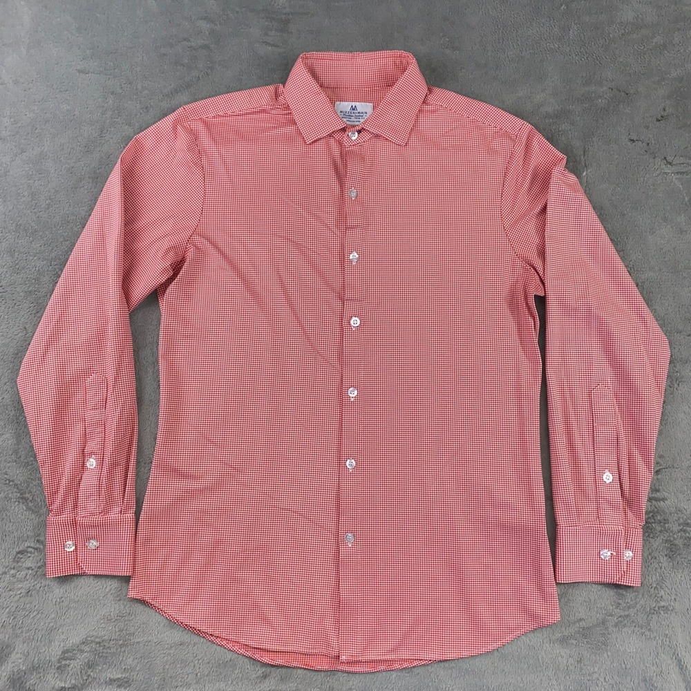 Mizzen+Main Dress Shirt Mens M Red Gingham Trim Fit Performance Stretch Office